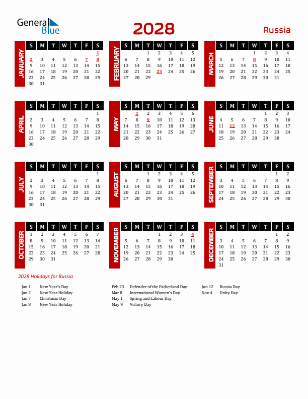 Download Russia 2028 Calendar - Sunday Start