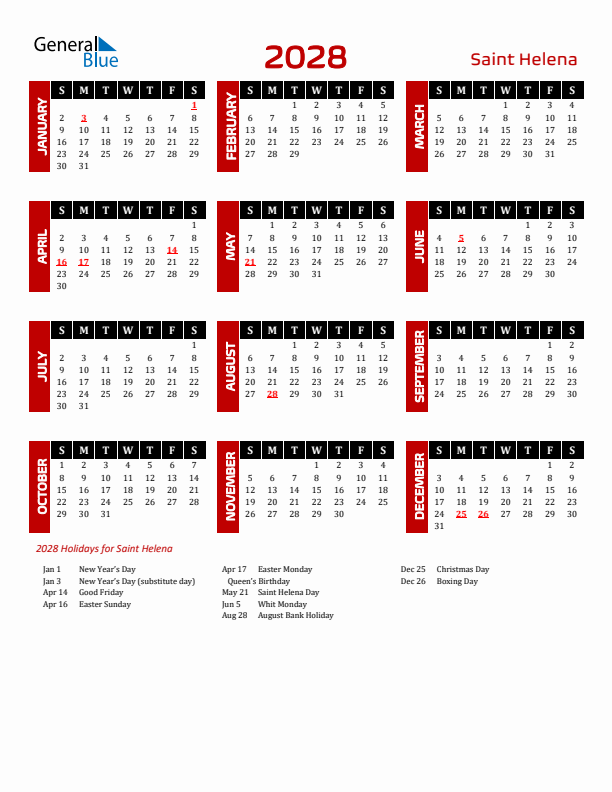 Download Saint Helena 2028 Calendar - Sunday Start