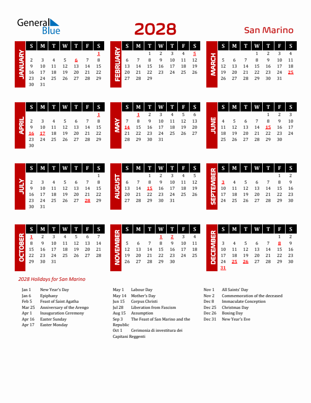 Download San Marino 2028 Calendar - Sunday Start