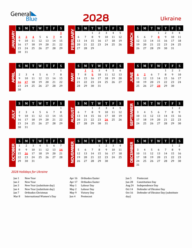 Download Ukraine 2028 Calendar - Sunday Start