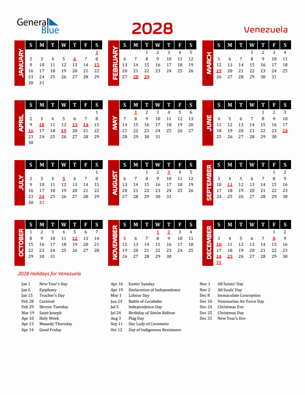 Download Venezuela 2028 Calendar - Sunday Start