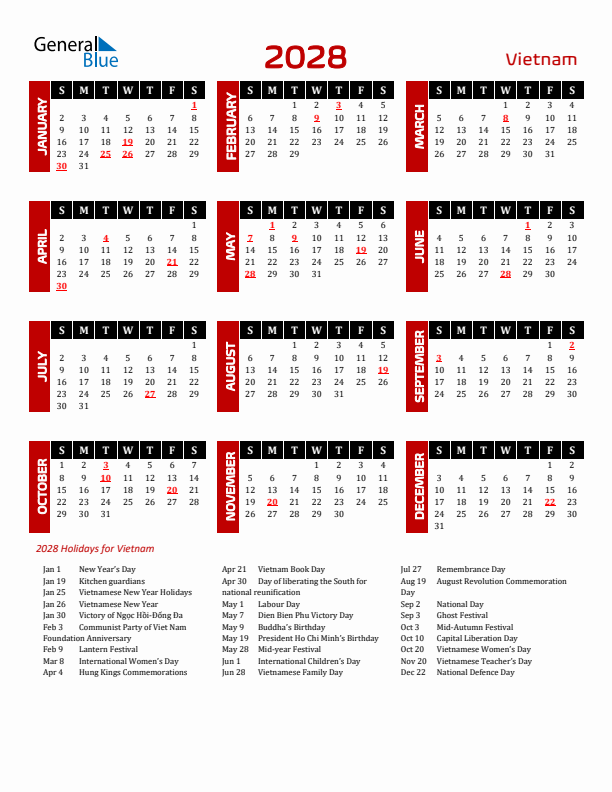 Download Vietnam 2028 Calendar - Sunday Start