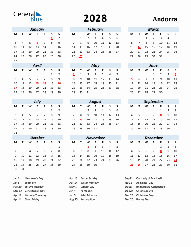 2028 Calendar for Andorra with Holidays