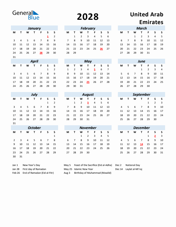 2028 Calendar for United Arab Emirates with Holidays