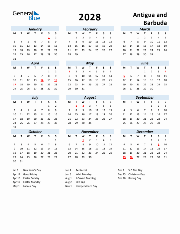 2028 Calendar for Antigua and Barbuda with Holidays