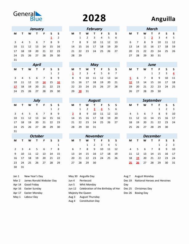 2028 Calendar for Anguilla with Holidays