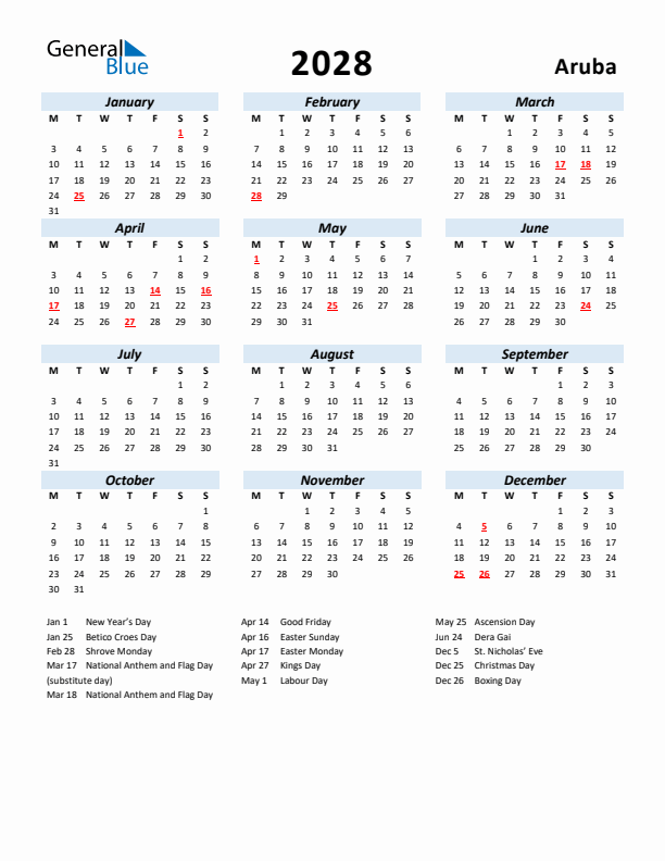 2028 Calendar for Aruba with Holidays