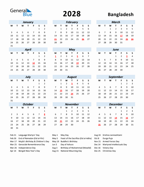 2028 Calendar for Bangladesh with Holidays