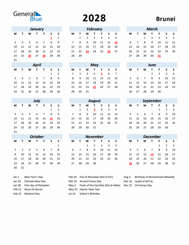 2028 Calendar for Brunei with Holidays