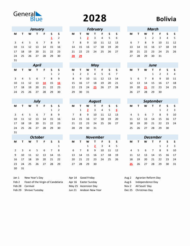 2028 Calendar for Bolivia with Holidays
