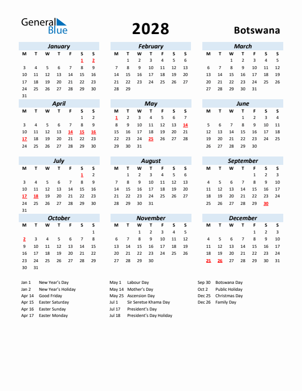 2028 Calendar for Botswana with Holidays