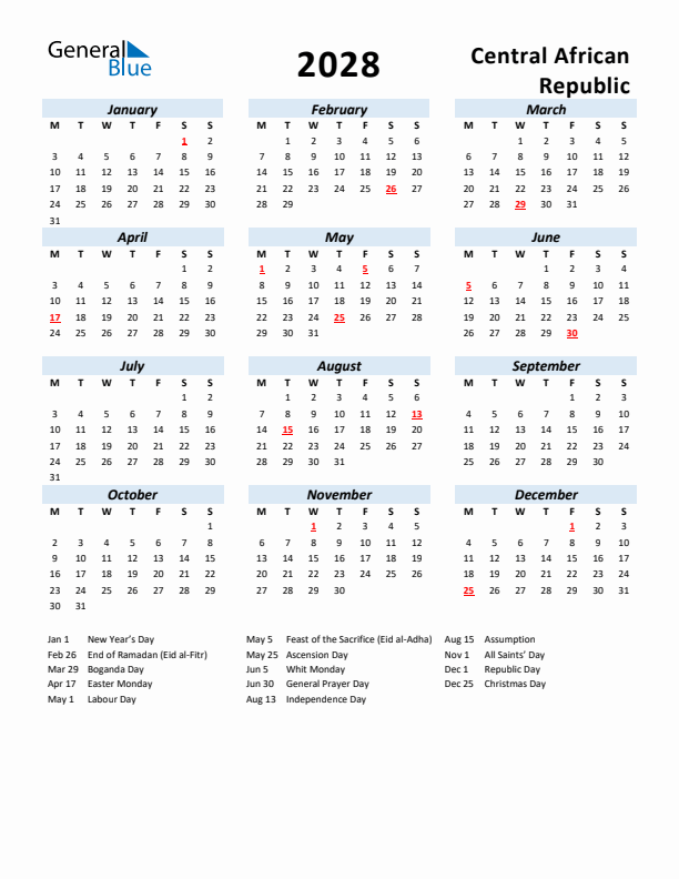 2028 Calendar for Central African Republic with Holidays