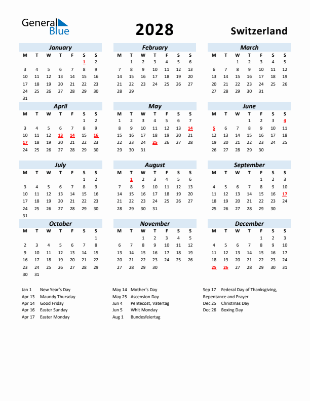 2028 Calendar for Switzerland with Holidays