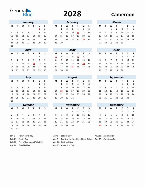 2028 Calendar for Cameroon with Holidays