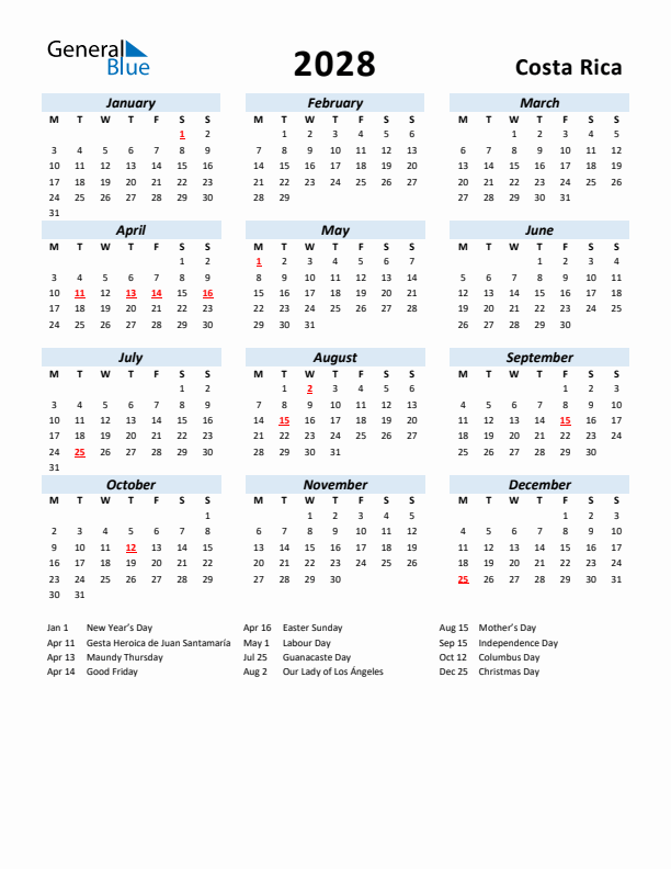 2028 Calendar for Costa Rica with Holidays