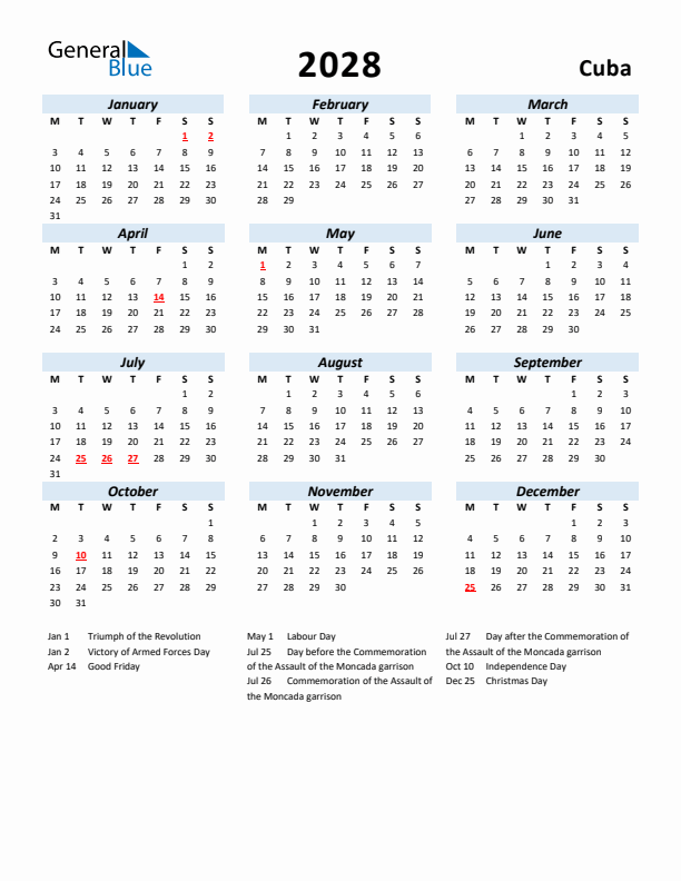 2028 Calendar for Cuba with Holidays