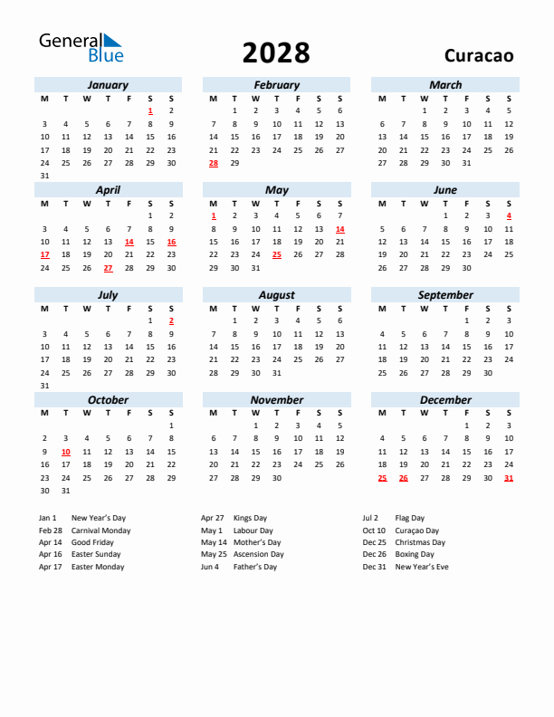 2028 Calendar for Curacao with Holidays