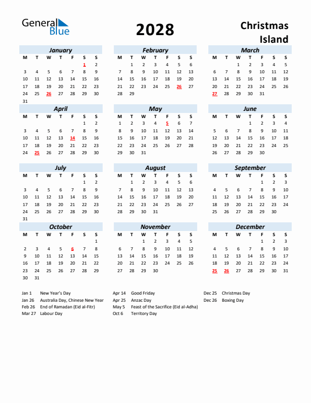 2028 Calendar for Christmas Island with Holidays