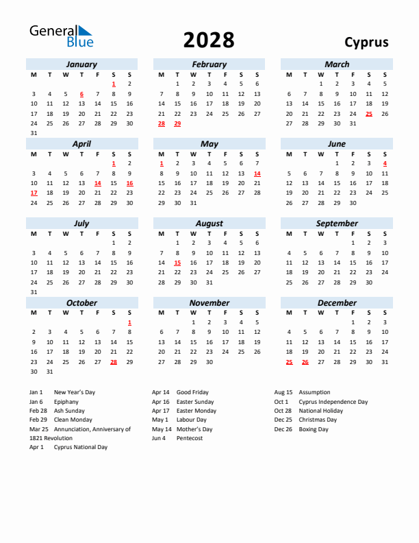 2028 Calendar for Cyprus with Holidays