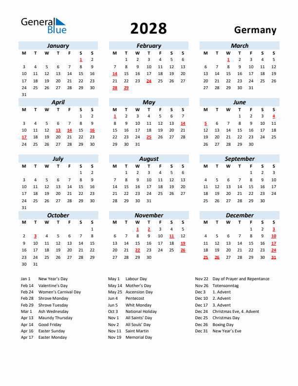 2028 Calendar for Germany with Holidays