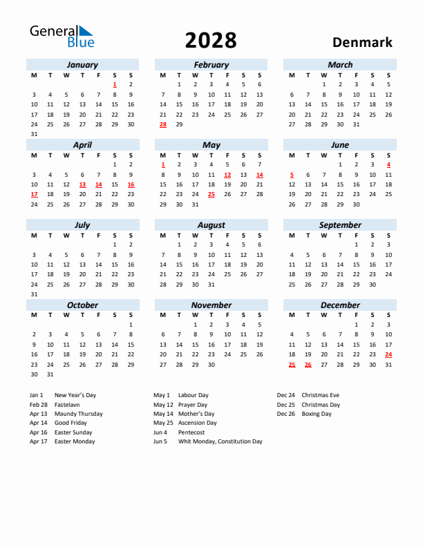 2028 Calendar for Denmark with Holidays