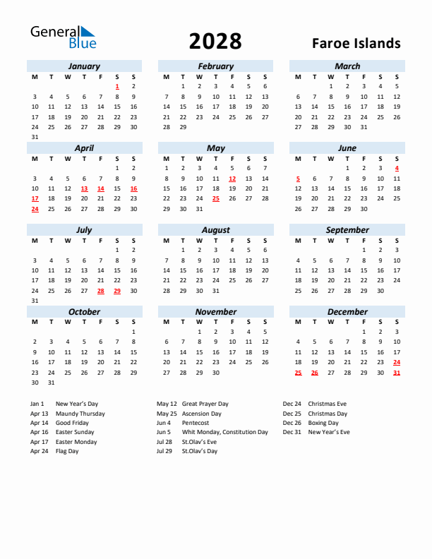 2028 Calendar for Faroe Islands with Holidays