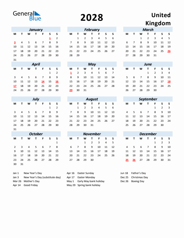 2028 Calendar for United Kingdom with Holidays