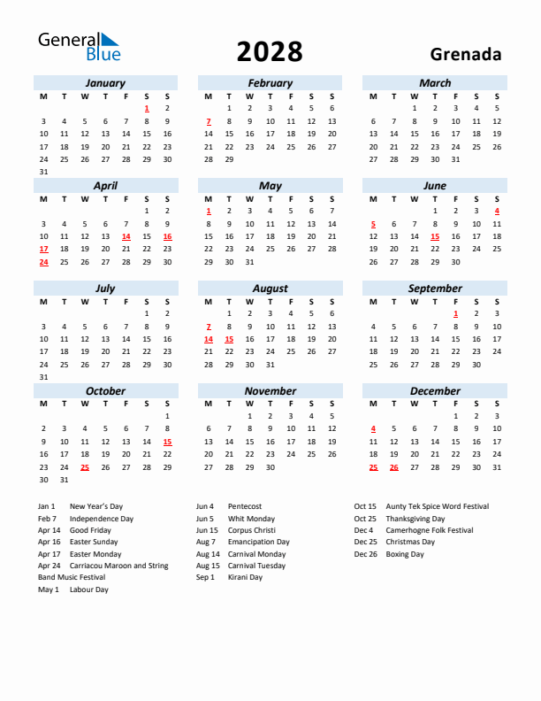 2028 Calendar for Grenada with Holidays