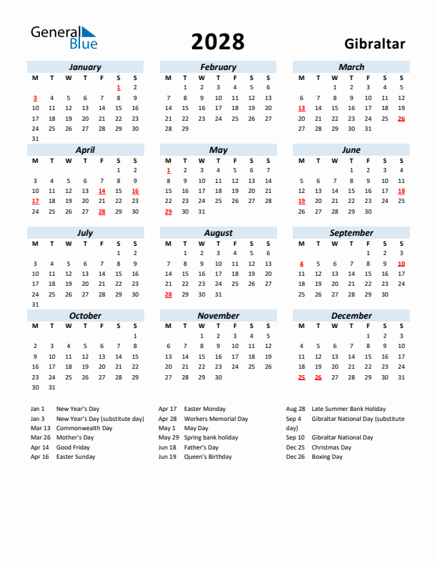 2028 Calendar for Gibraltar with Holidays