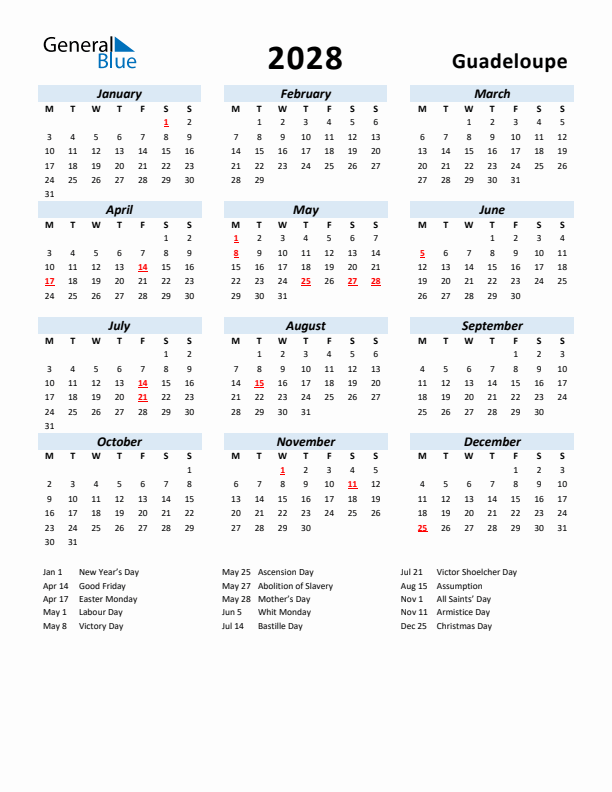 2028 Calendar for Guadeloupe with Holidays