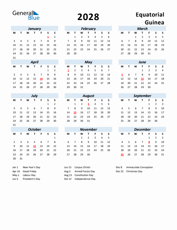 2028 Calendar for Equatorial Guinea with Holidays