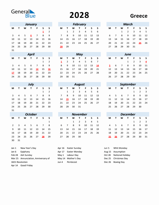 2028 Calendar for Greece with Holidays