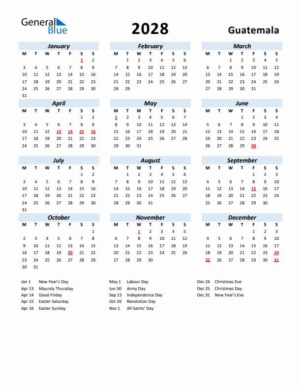 2028 Calendar for Guatemala with Holidays