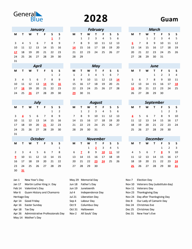 2028 Calendar for Guam with Holidays