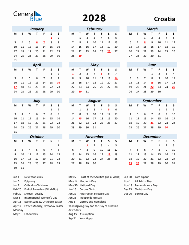 2028 Calendar for Croatia with Holidays