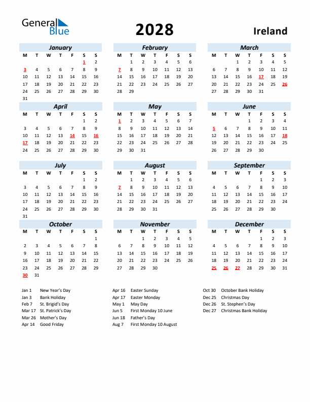 2028 Calendar for Ireland with Holidays