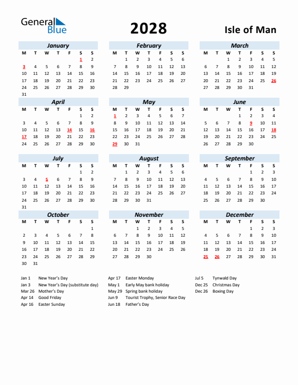 2028 Calendar for Isle of Man with Holidays