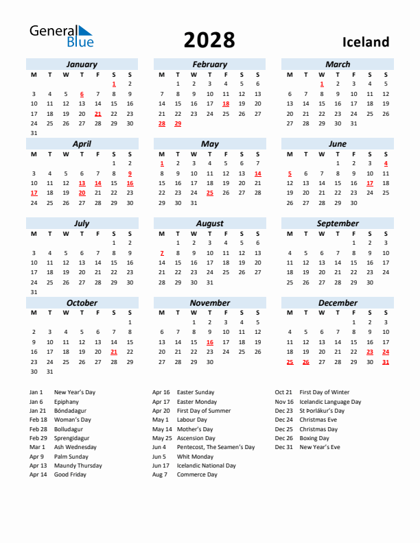 2028 Calendar for Iceland with Holidays