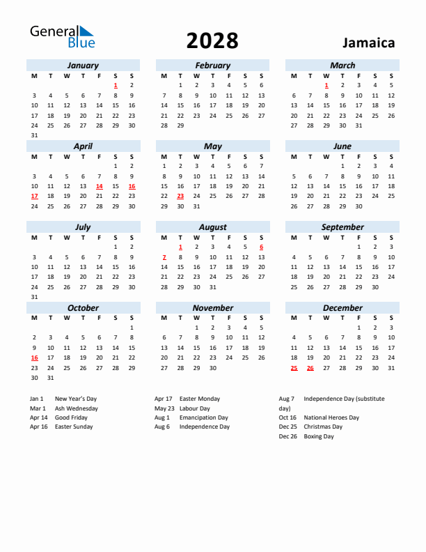 2028 Calendar for Jamaica with Holidays