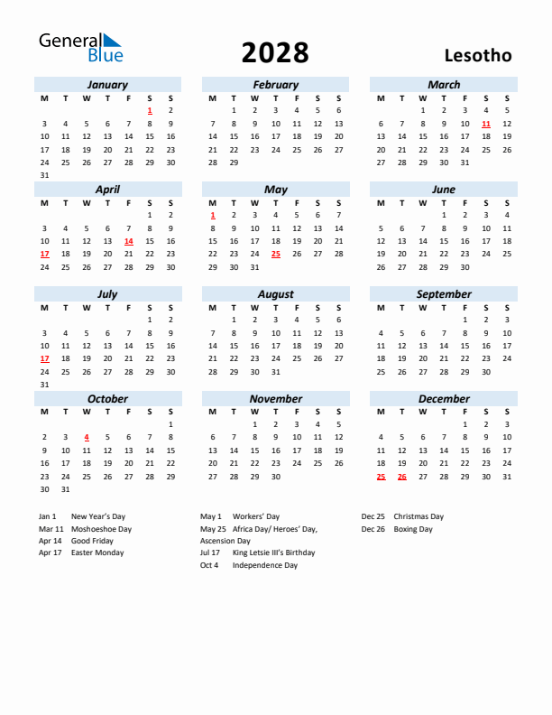 2028 Calendar for Lesotho with Holidays