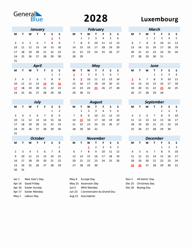 2028 Calendar for Luxembourg with Holidays