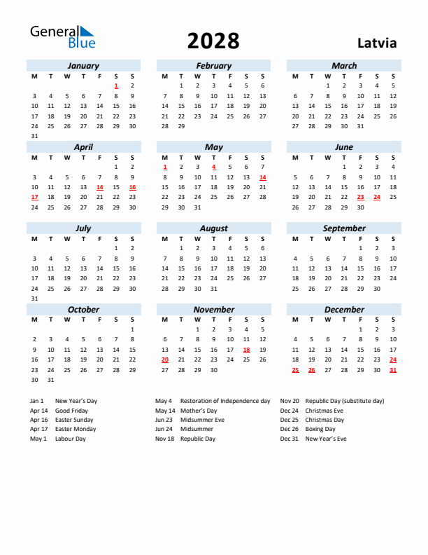 2028 Calendar for Latvia with Holidays