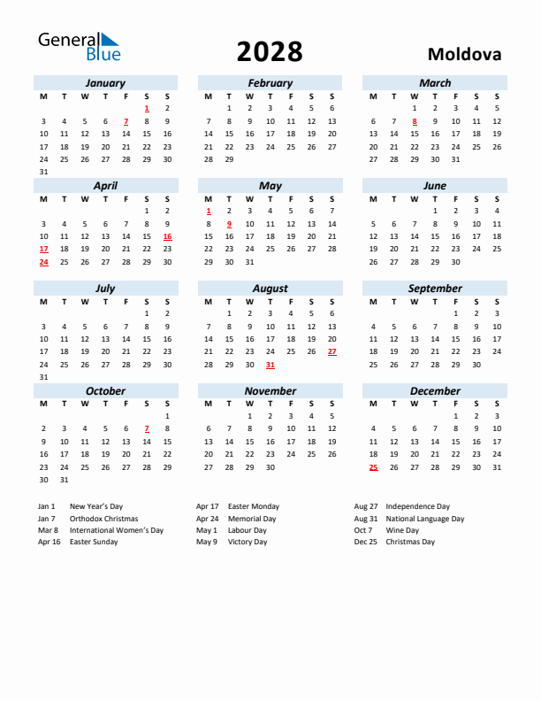 2028 Calendar for Moldova with Holidays
