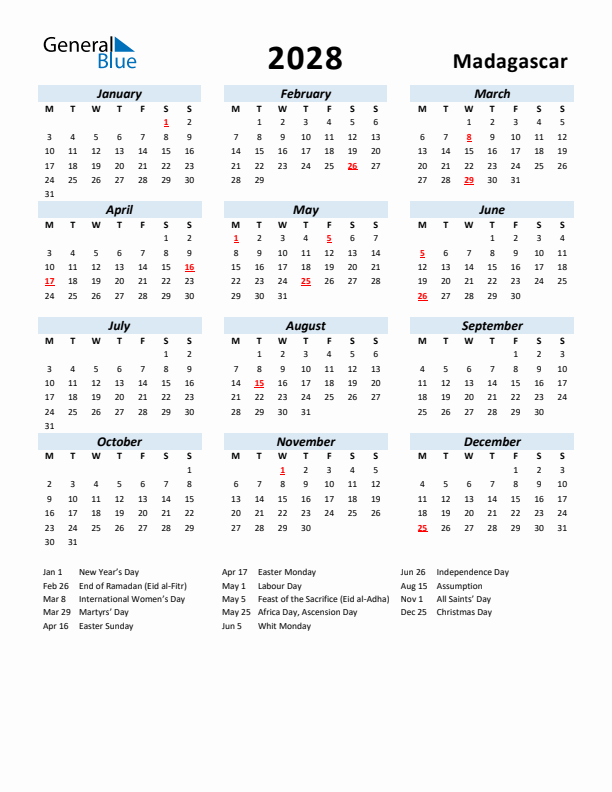2028 Calendar for Madagascar with Holidays