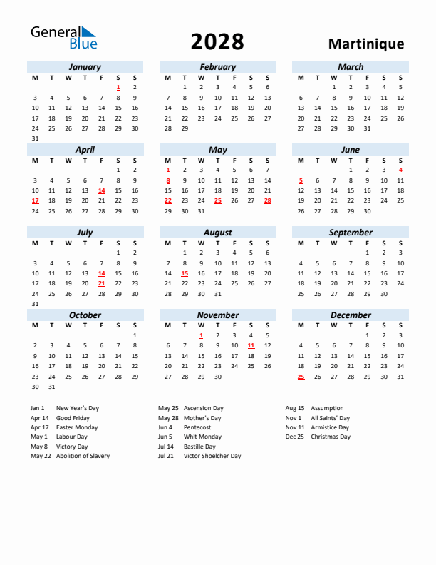 2028 Calendar for Martinique with Holidays
