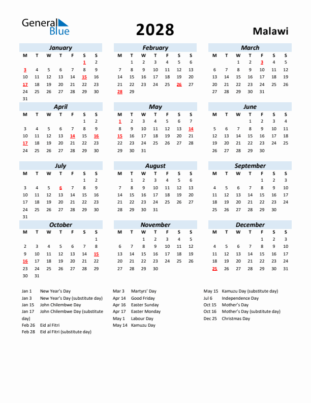 2028 Calendar for Malawi with Holidays
