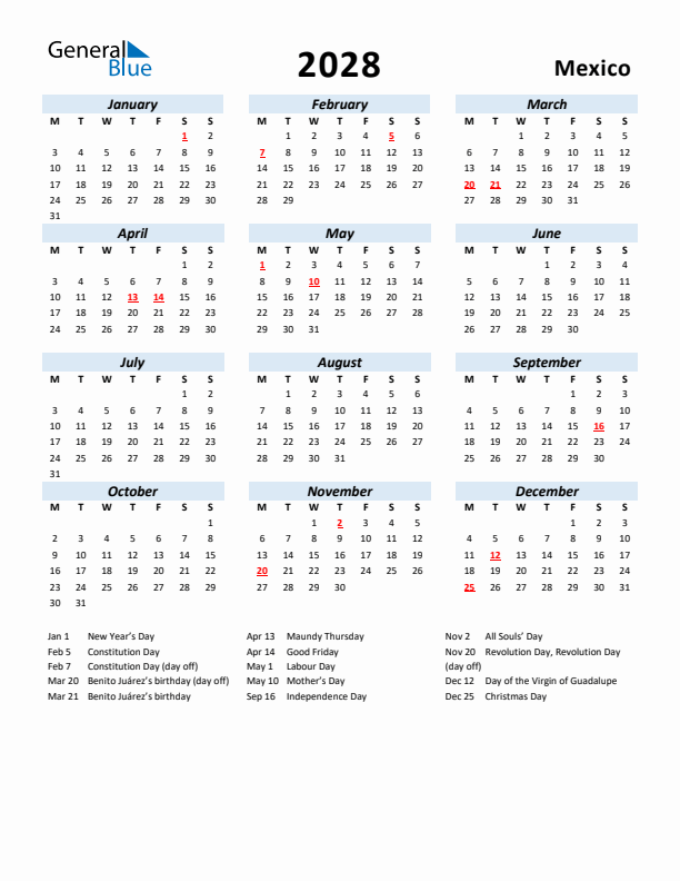 2028 Calendar for Mexico with Holidays