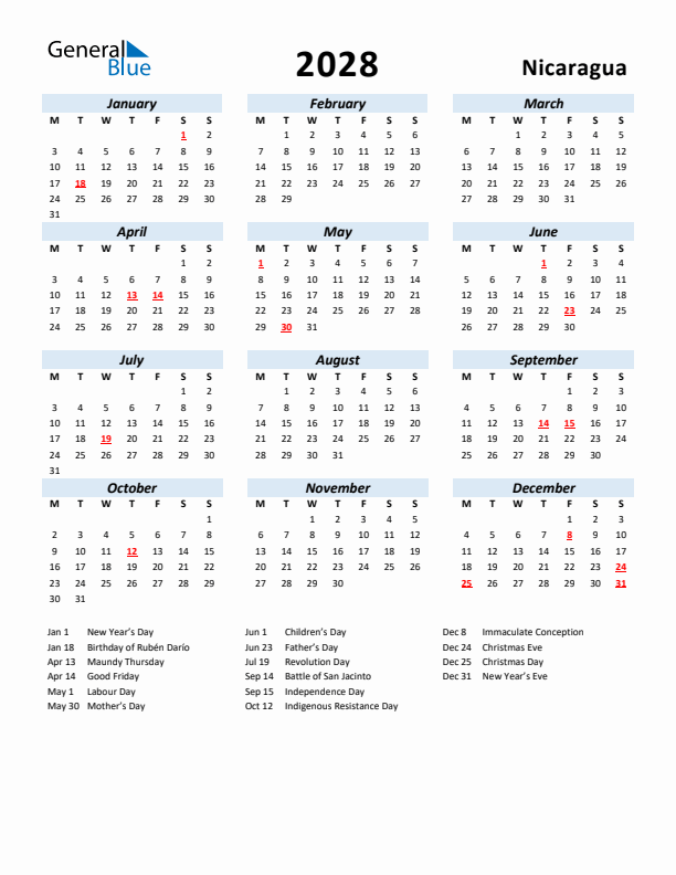2028 Calendar for Nicaragua with Holidays