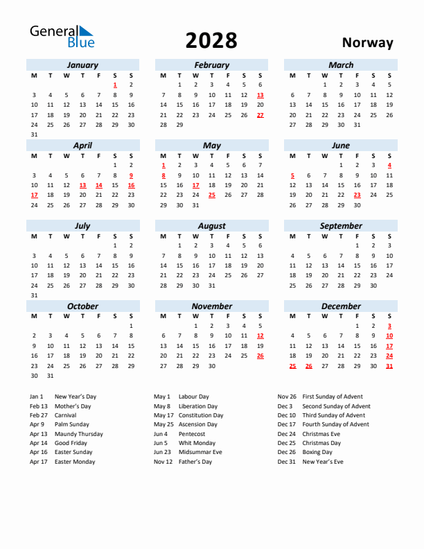 2028 Calendar for Norway with Holidays