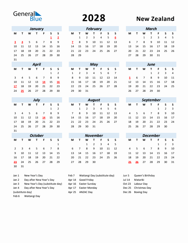 2028 Calendar for New Zealand with Holidays